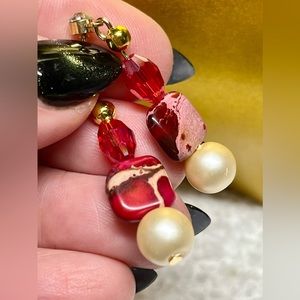 Red and cream earrings -created sea sediment and glass pearls